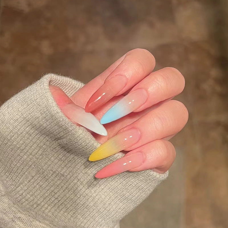 Sunset Ombre Long Stiletto Press On Nails Multi Color Gradient with Glossy Finish Set