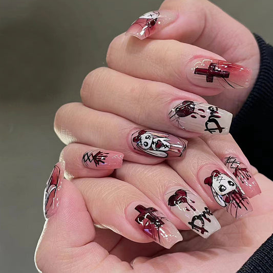 Gothic Elegance Long Coffin Shape Pink Press on Nails with Spooky Character Accents