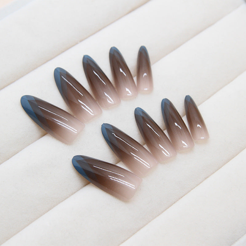 Elegant Ombre Coffin Extra Long Press On Nails Set with Dual-Toned Brown and Slate Gray Design