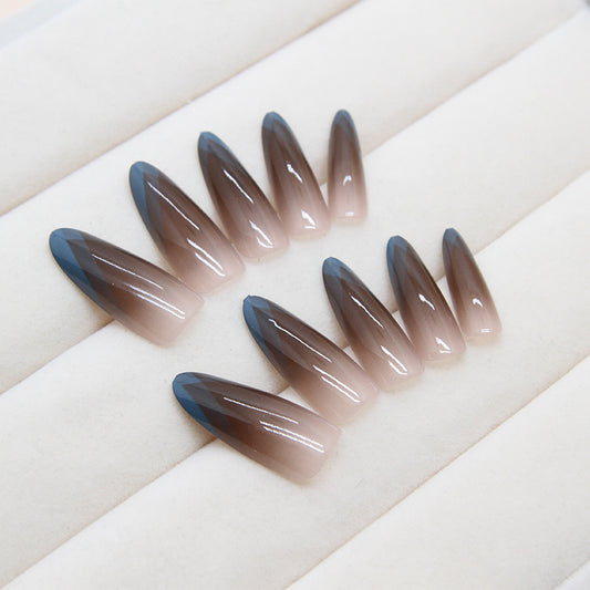 Elegant Ombre Coffin Extra Long Press On Nails Set with Dual-Toned Brown and Slate Gray Design