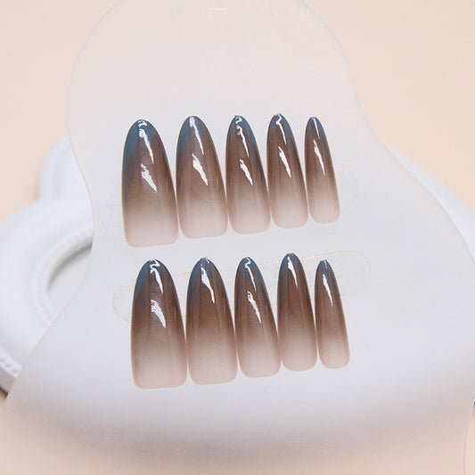 Elegant Mocha Long Stiletto Press On Nail Set Beige Tone with High Gloss Finish