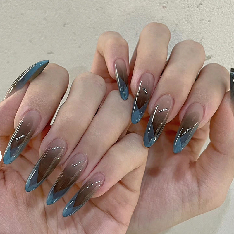 Enchanted Evening Long Stiletto Gradient Blue & Beige Press On Nails with Delicate Wave Accents