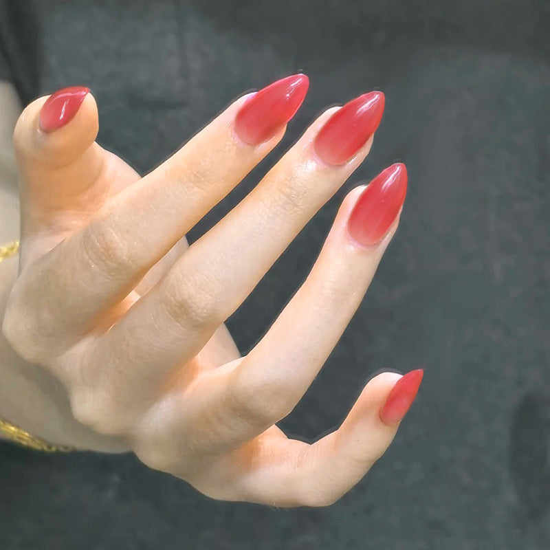 Glamorous Enchantment Medium Almond Ombre Red Nail Set with Stunning Gloss Finish