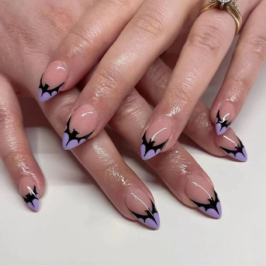 Gothic Glamour Medium Almond Lavender Press On Nail Set with Unique Bat Wing Accents