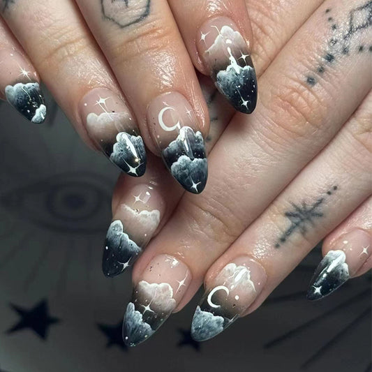 Mystical Night Sky Long Almond Black and White Press On Nail Set with Cloud and Crescent Moon Accents