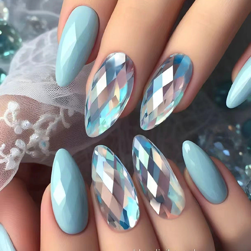 Enchanted Ice Queen Long Almond Light Blue Press On Nail Set with Iridescent Glitter Accents