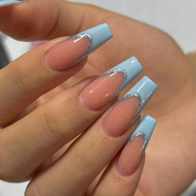 Elegant Winter Frost Long Coffin Light Blue Press On Nails with Silver Glitter Accents