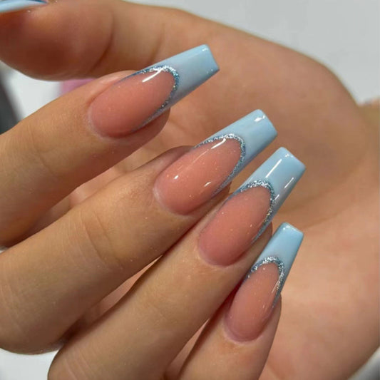 Elegant Winter Frost Long Coffin Light Blue Press On Nails with Silver Glitter Accents