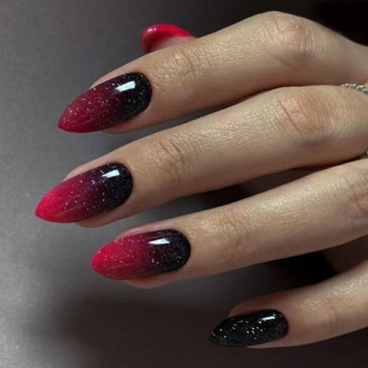 Cosmic Elegance Long Almond Gradient Black and Red Glitter Press On Nail Set