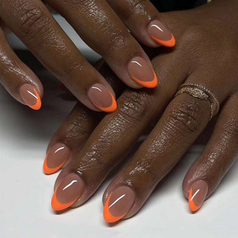 Summer Glow Short Almond Beige Press On Nails with Vibrant Orange Tips