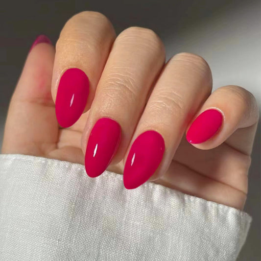 Chic Glamour Medium Almond Hot Pink Press On Nails with High Gloss Finish