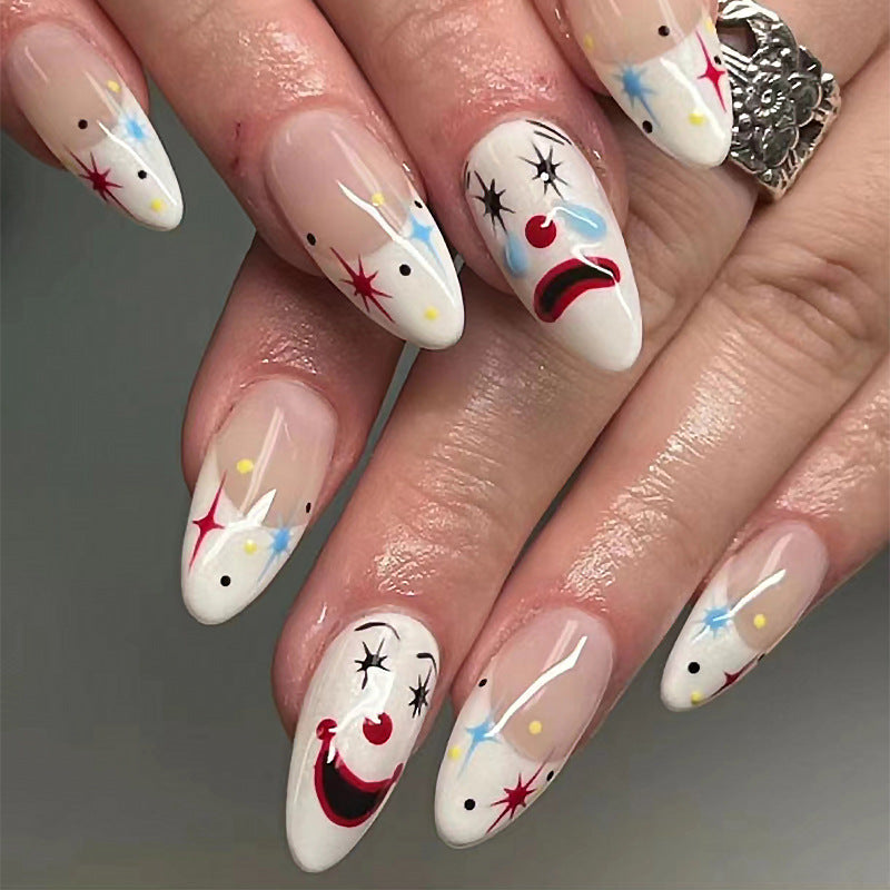 Circus Spectacle Long Almond White Press On Nail Set with Colorful Clown Accents