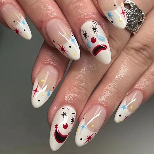 Circus Spectacle Long Almond White Press On Nail Set with Colorful Clown Accents