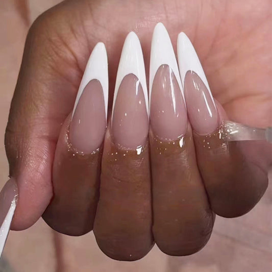 Elegant Ombre Extra Long Stiletto Press On Nails Set White to Beige Gradient with Glitter Accent