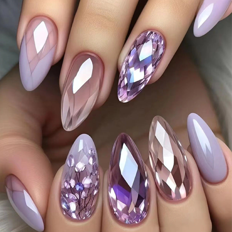 Enchanted Amethyst Long Almond Press On Nail Set with Glitter Accents and Gemstone Embellishments in Lavender Hues