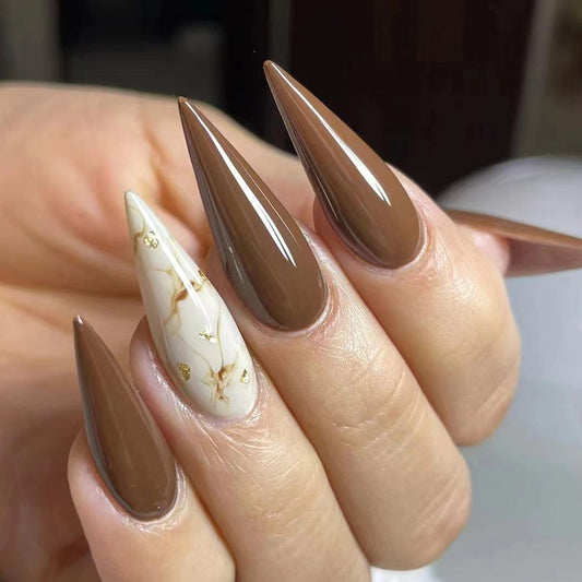 Elegant Mocha Elegance Long Stiletto Brown Press On Nail Set with Gold Flakes Embellishments