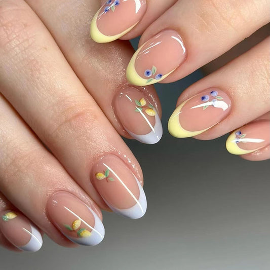 Spring Blossom Medium Length Oval Beige and Yellow Press On Nails with Floral Accents