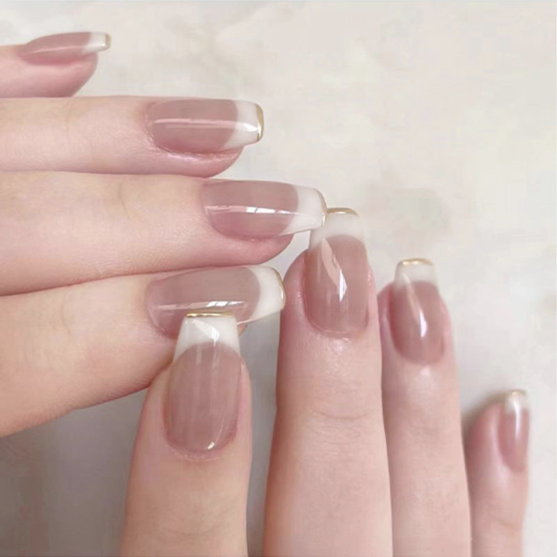 Elegant Whisper Press On Nail Set Medium Coffin Natural Pink with Glamorous Gold Tips