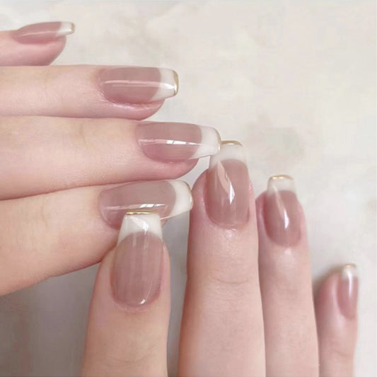 Elegant Whisper Press On Nail Set Medium Coffin Natural Pink with Glamorous Gold Tips