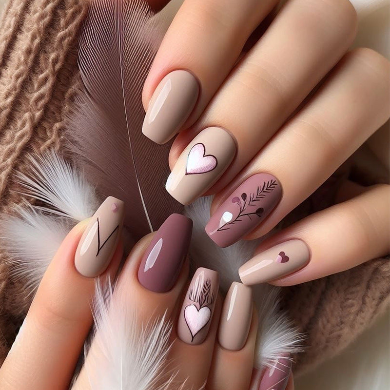 Romantic Floral Inspired Medium Square Beige and Mauve Press On Nail Set with Heart and Leaf Artwork