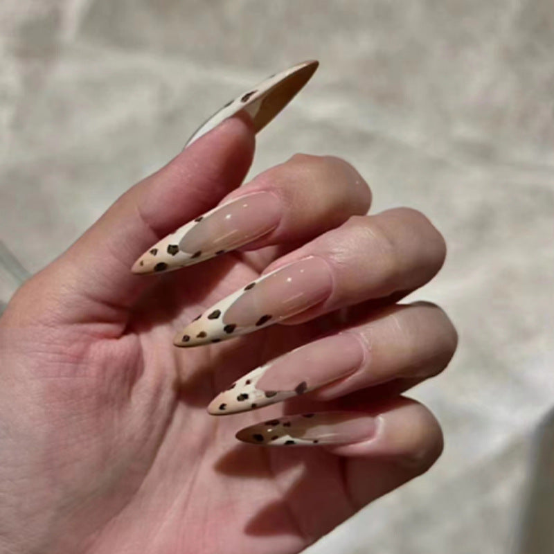 Glamorous Animal Print Long Stiletto Press On Nail Set in Beige with Chic Black Spots