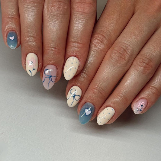 Whimsical Floral Dream Press On Nail Set Almond Shape Medium Length Blue Pink Cream Hand-Painted Designs
