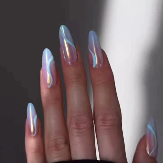 Dreamy Ocean Vibes Long Stiletto Press On Nail Set Blue Iridescent Design with Wave Patterns
