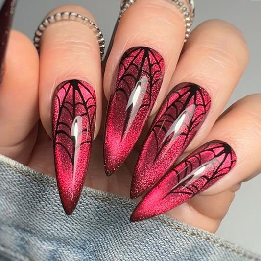 Spooky Glam Long Stiletto Press On Nails in Metallic Dark Red with Intricate Spiderweb Design
