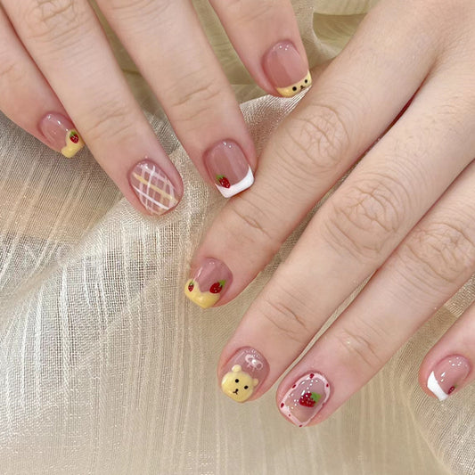 Whimsical Strawberry Sweetness Short Square Pink and Yellow Press On Nail Set with Cute Bear and Fruit Designs