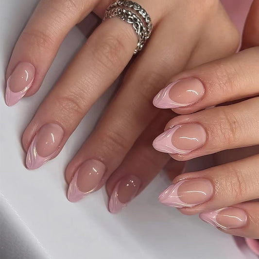 Glamorous Pink Stiletto Press On Nail Set Medium Length Almond Shape Elegant Blush Color with Unique Swirl Design