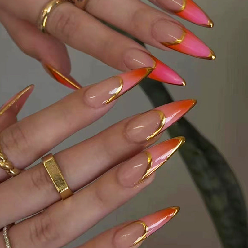 Tropical Sunset Long Stiletto Orange Pink Press On Nail Set with Gold Accents