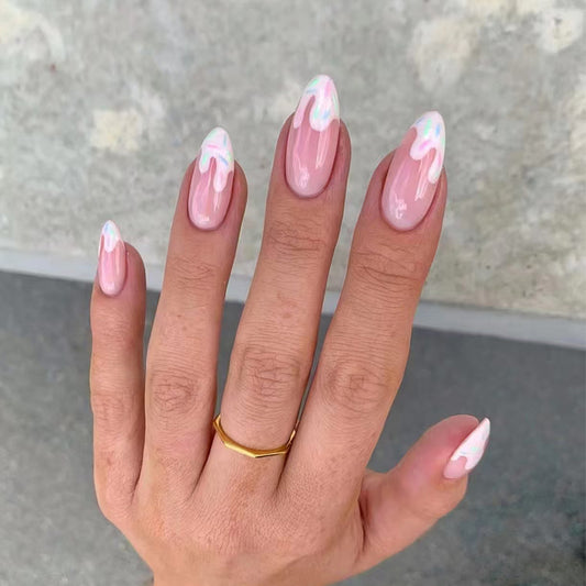 Melting Ice Cream Dream Medium Almond Pink Press On Nail Set with Iridescent Drip Design