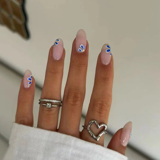 Charming Petal Fantasy Medium Almond Pink Ombre Press On Nail Set with Blue Floral Accents