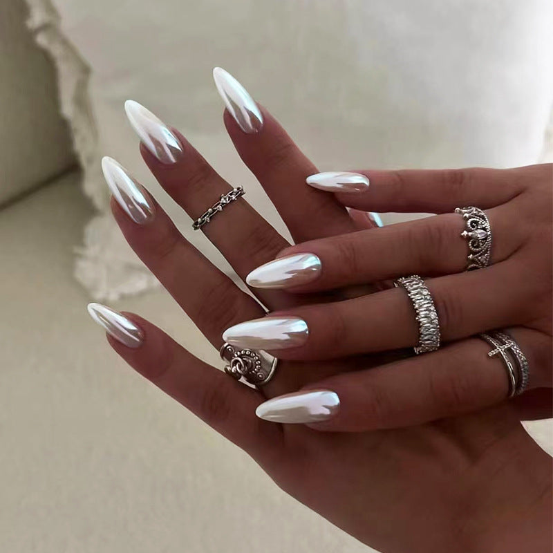 Elegant Mermaid Medium Stiletto Press On Nail Set Iridescent White with Shimmering Finish