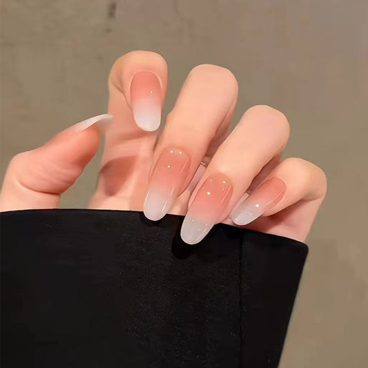 Glamorous Sunset Shape Long Almond Gradient Pink and White Press on Nail Set with Sparkling Accents