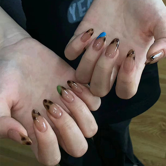 Wild Safari Creatures Medium Almond Brown with Colorful Tips Press On Nail Set for Trendy Nail Art Enthusiasts