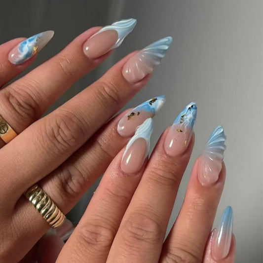 Ocean Breeze Long Stiletto Press On Nail Set in Blue and Beige with Unique Marble Design and Gold Accents