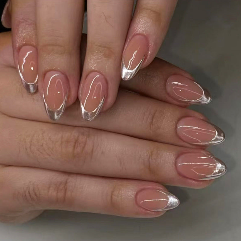 Elegant Silver Moon Press On Nail Set Medium Almond Beige with Shimmering Tips for Glamorous Glow