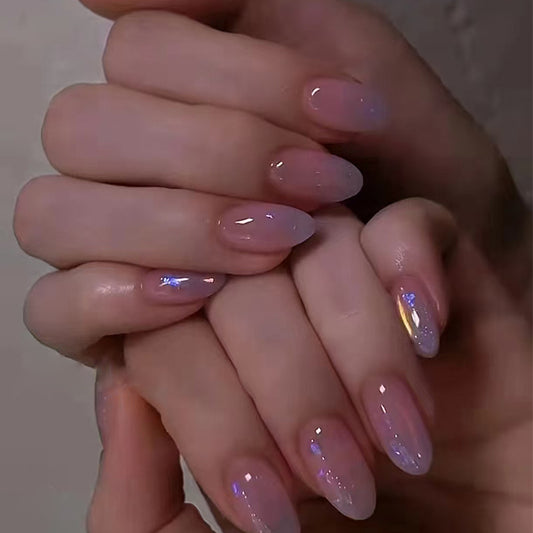 Mystical Elegance Medium Almond Pink Ombre Press On Nail Set with Iridescent Glitter Shine