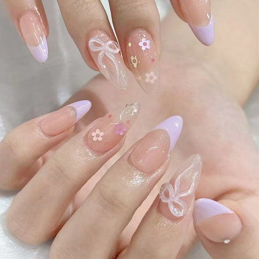 Blossom Bliss Medium Almond Pink and Purple Press on Nail Set with Floral Decorations and Unique 3D Bow Design