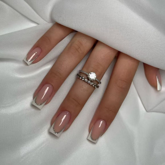 Elegant Pearlescent Long Coffin Shape Soft Pink with Dazzling Silver Tips Press On Nail Set