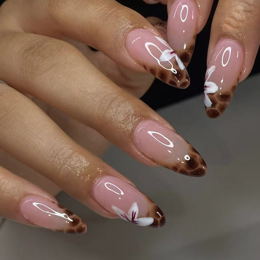 Chic Floral Elegance Long Almond-shaped Pink and Brown Press On Nails with Hand-painted Flower Design