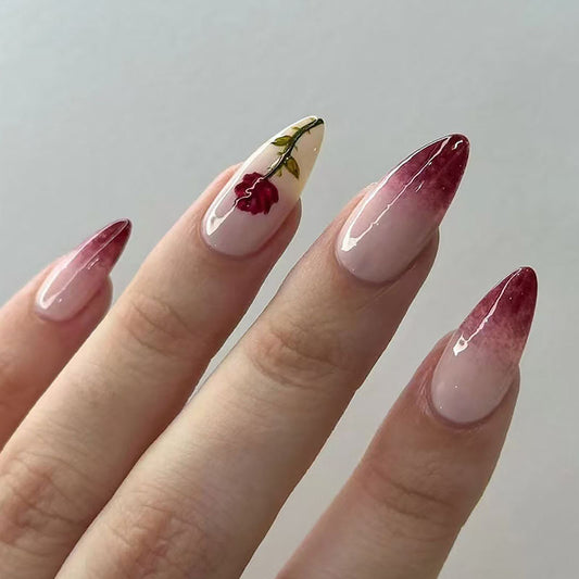 Elegant Rose Garden Long Almond Ombre Red and Beige Press On Nail Set with Floral Design