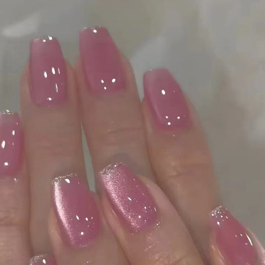 Glamorous Garden Medium Square Pink Ombre Press On Nail Set with Glitter Tip Shine
