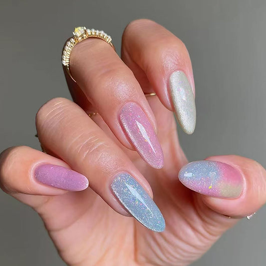 Sparkling Summer Sunset Long Amond Press On Nail Set in Ombr‚àö¬© Pink and Blue with Iridescent Glitter Finish