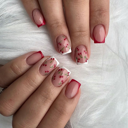 Cherry Blossom Inspired Short Square Pink and White Press On Nail Set with Floral Design