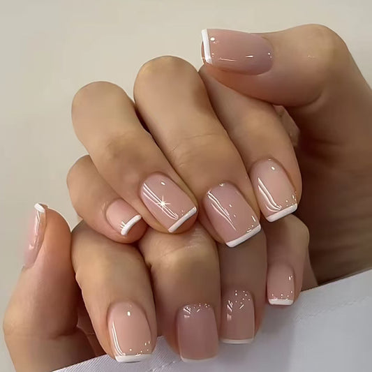 Chic Elegance Short Square Beige Press On Nail Set with French Tips and Sparkle Finish