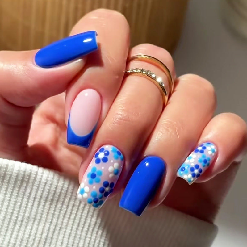 Ocean Breeze Long Square Blue Floral Press On Nail Set with Gradient and Polka Dot Design