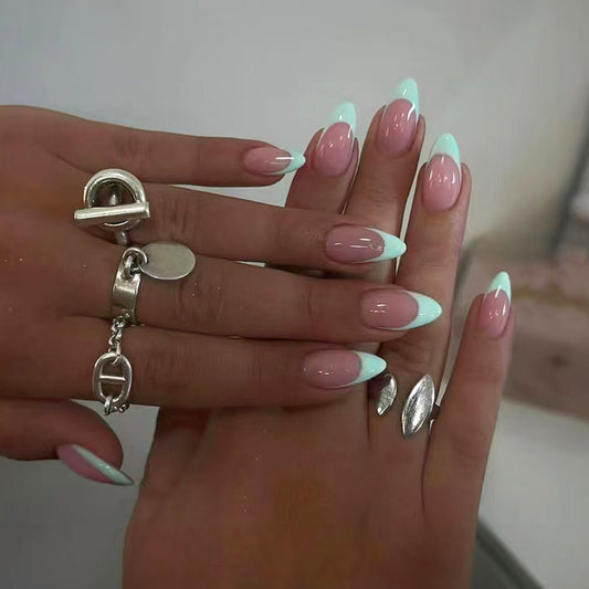 Elegant Ocean Vibes Long Almond Mint Green and Pink Press On Nail Set with Glossy Finish