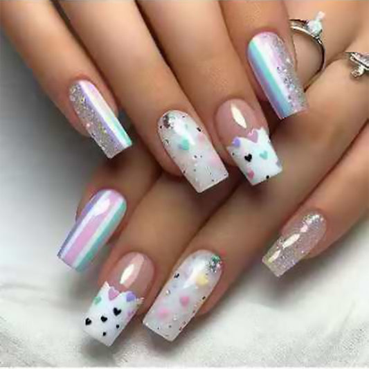 Whimsical Love Press On Nail Set Long Square Acrylic Multicolor with Glitter and Heart Designs